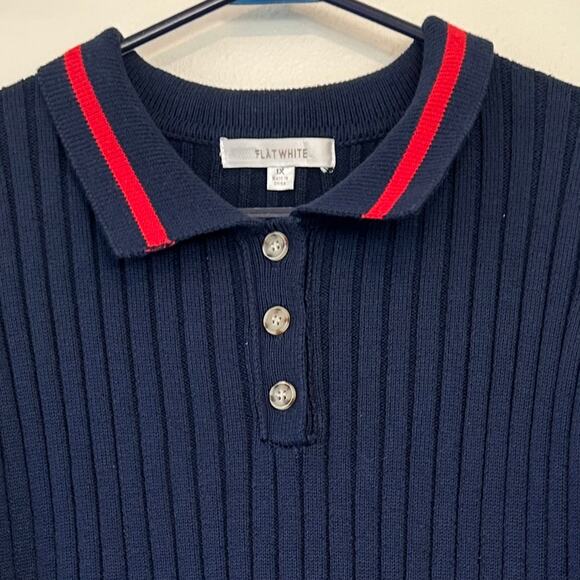 Anthropologie Flat white Polo Knit ribbed sweater preppy sporty academia navy 1X - Picture 3 of 11